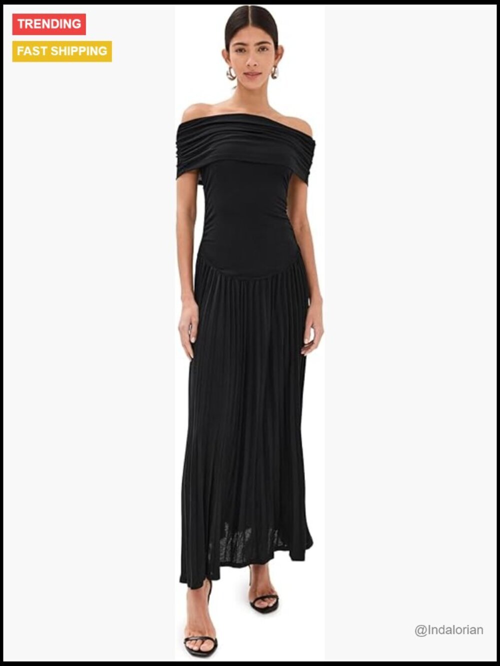 Lightweight Knit Maxi Dress with Pleated Skirt and Off Shoulder Neck